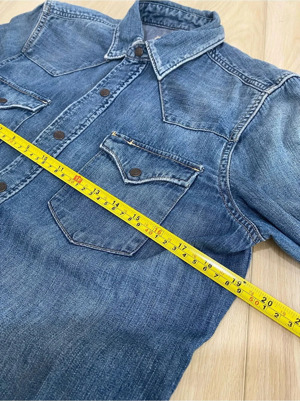 Ralph Lauren Distress Repair Western Shirt Denim Fade Blue Pearl Snap Polo